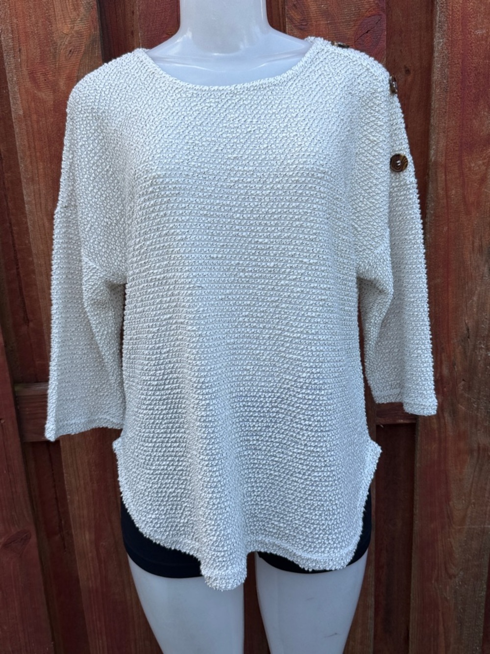 Women's Cream Button-Shoulder Textured Knit Sweater